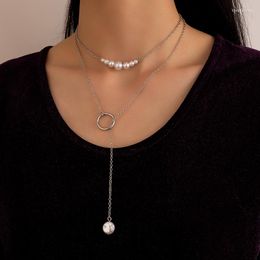 Chains Elegant Pearl Stone Long Chain Necklace For Women Hollow Geoemtry Alloy Metal Layered Sweater Jewelry Collar 21404