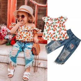 New Style Girl Clothes Set Summer Pineapple Shirt And Hole Jeans Pants Pcs Clothing Suit For Baby Kids Cute Sets