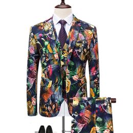 Men's Suits Blazers Pants Vest Sets Fashion Casual Boutique Flower Floral Print Suit Jacket Coat Trousers Waistcoat 3 Pieces 230213