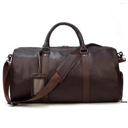 Duffel Bags Men's Vintage Leather Travel Bag Gym With Shoe Position Cylinder Tote Messenger Round Bucket Outdoor