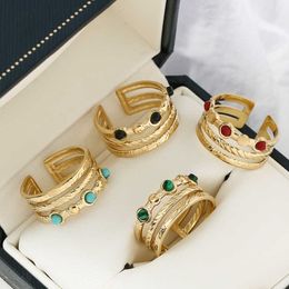 Band Rings Bohemian Turquoise Wide Opening Rings Gold Plated Stainless Steel Ring for Woman Hollow Multilayer Inlaid Finger Rings Jewelry G230213