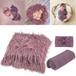 Keepsakes 3pcsset born Baby Pography Props Kits Fake Fur Blanket Mats Cotton Stretch Wrap with Knotted Headband for Infants Toddler 230211