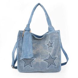 Shopping Bags Bag Women New Hot Diamond Five Pointed Star Women's Bag Ring Buckle Leisure Bag Denim Canvas Bag One Shoulder Women's Bag 220906