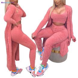 Women's Tracksuits Women tracksuits 3 Piece Outfits Set Winter Sexy Fuzzy Fece Long Cardigan Scoop Neck Crop Tank Top High Waist Pants Loungewear Set 021323H