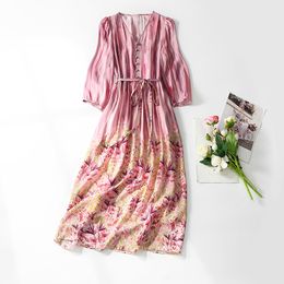 2023 Spring Pink Floral Print Belted Silk Dress 3/4 Sleeve V-Neck Tie Waist Buttons Midi Casual Dresses C3F130125