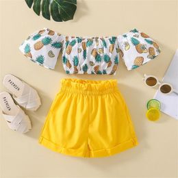 Clothing Sets Girl Two Piece Set Summer Kid Off Shoulder Pineapple Lemon Print Crop Tops Elastic Waist Shorts