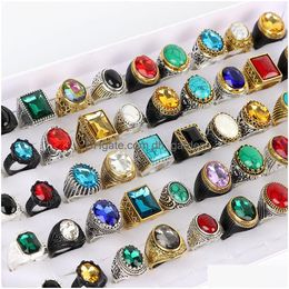 Cluster Rings 50Pcs/Lot Vintage Antique Glass Carved Flowers Sier Jewelry For Men Women Mix Style Wedding Gifts Wholesale Dro Dh2Su