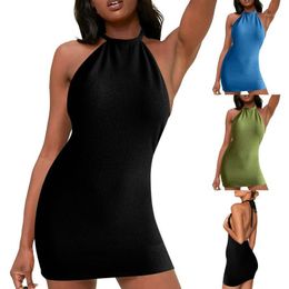 Casual Dresses 2023 Backless Mini Dress Beach Women Halter Neck Sleeveless Summer Black Off Shoulder Party Knit Bodycon Sexy