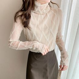Women's Blouses Pullover Women Tops Autumn/ Winter Slim Fitting High Neck Long Sleeve Lace Bottomed Shirt Fashion Solid Colour Blusas 515G