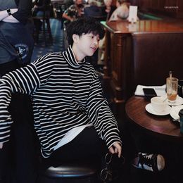 Men's T Shirts Black White Striped High-Necked Couple Basic Bottoming Shirt All-Match Long-Sleeved T-Shirt Men's Coat Gothic Vintage