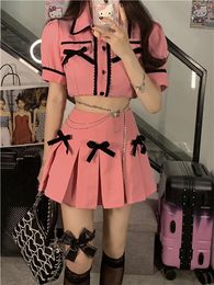 Two Piece Dress Sexy JK Pink Pleated Skirt Mini Bow Contrast Lapel Puff Short Sleeve Pink Shirts Women Summer Crop Tops 2piece Sets 230214