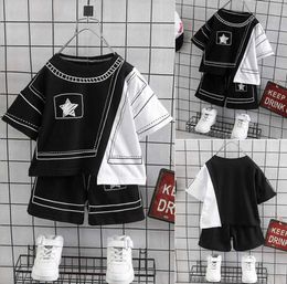 Clothing Kids Clothes Suit Boys Summer Sets Children Casual Black And White Stitching Irregular Shortsleeved Tshirt Shorts TwoPiece