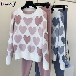 Women's Two Piece Pants Fashion Women Sweater 2 Piece Sets Chic Knit Embroidery Bead Heartshape Pullovers Top Spring Harem Pants Sport Tracksuits Suit 230214