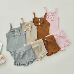 Clothing Sets Infant New Baby Girls Casual Outfits Suit Solid Colour Cotton Ribbed Sleeveless Sling Romper TopsRuffled Shorts PCS Toddler Set