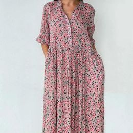 Casual Dresses Floral Print Summer Women Dress Bohemian Short Sleeve Woman Maxi Pink A-Line Ruffles For 2023 Robe Femme