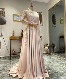 Pink Muslim Evening Dresses Long sleeve Luxury Beading Flowers Lace prom occasion Dress With Sleeves Satin Vestidos De Gala