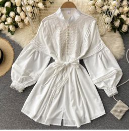 Women's Blouses Fashion Women Lantern Sleeve White Shirts Femme Loose Lace Deco Female Straight Pearl Button Up Tops