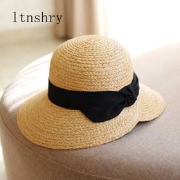 Wide Brim Hats New Fashion Women Sun hat Ribbon bow Raffia Grass Straw folding wide Brim Bucket Hat For Elegant Lady Beach hat Dome Bucket cap R230214