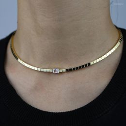 Chains European Simple Trendy Women Jewellery Gold Colour Single Clear CZ Rectangle Charm Tennis Choker Necklace