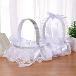 Wedding Flower Basket Lace Pearl Romantic White Rhinestone Decoration to Wedding Ceremony Party Supply Basket Wholesale