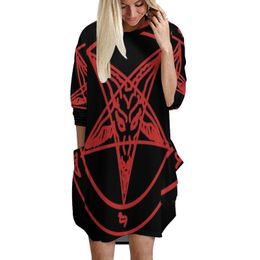 Casual Dresses Red Baphomet Women Autumn Winter Long Sleeve Fashion Pocket Ladies Hellfire Club 666 Pentagram 230214