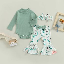 Clothing Sets Baby Girls PCS Suit Sleeve High Collar Plain Snap Romper Floral Long Flared Pants Headband