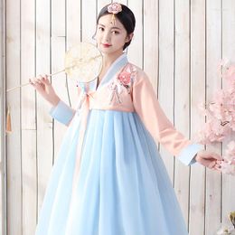 민족 의류 여성 한국 전통 요정 드레스 여성 무대 공연 솜털 의상 여러 가지 빛깔의 한복 민속 탑 스커트 세트
