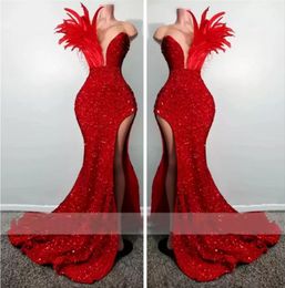 Sexy Red Sequin Prom Dresses With Feathers High Split Mermaid Evening Gowns Formal Party Robe De Mariee BC14331