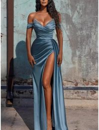 Ink Blue Evening Party Dress Sexy V-neck Short Sleeve Satin Crystals Slit Women Prom Formal Gown Robe de Soiree 2023 Vestidos De Noche
