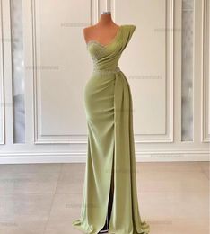 Party Dresses Lemon Green Satin Mermaid Evening One Shoulder Beads Ruched Split Formal Occasion Prom Gowns For Women 230214