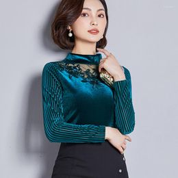 Women's T Shirts Spring Winter Women Flower Embroidery Full Sleeve Shirt Black Velvet See Through Ladies Elegant Warm Tops Pink 315B