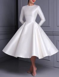 Simple White Evening Party Dress Tea Length Jewel Neck Satin Long Sleeves Women Prom Formal Gown Robe de Soiree 2023 Vestidos