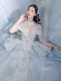 Beading Wedding Dress With Detachable Scoop Neck A Line Crystal Beaded Bridal Gowns Sweep Train Custom Made Dresses 403