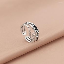 Cluster Rings S925 Knuckle Geometric Rectangle Finger With Chain Tassel Half Open Adjustable Black Glue Midi Ring For Women Gift