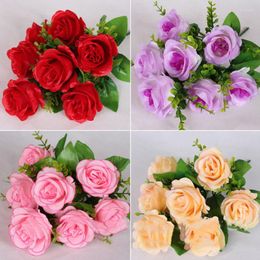 Decorative Flowers Simulation 7 Blooming Roses Florist Decor Flower Arrangement Props Bouquet Wedding Pography Home Brides Favor