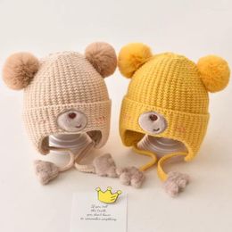 Berets Cute Bear Baby Hat With Pompoms Warm In Winter Cap Lining And Rope Knit Beanie Earflap For Boys Girls Gorro