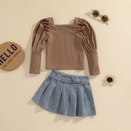 Clothing Sets Cute Sweety Toddler Outfits Suit Classic School Autumn Baby Girls Puff Long Sleeve TshirtDenim Pleated Skirt Clothes Set