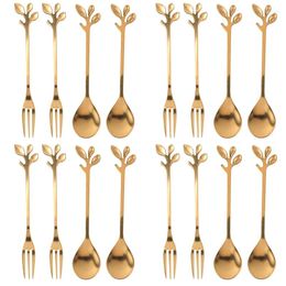 Dinnerware Sets Tableware Gold Leaf Coffee Spoon Fork 16 Pack(8 Spoons 8 Forks) Little Espresso And Appetizer Dessert Forks Set