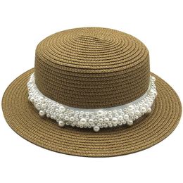 Wide Brim Hats 2020 summer Flat sun hats for women chapeau feminino straw hat panama style cappelli Side with pearl Beach bucket cap girl topee R230214
