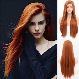 Human Hair s FANXITION Orange Synthetic Lace Front with Side Part Long Silky Straight Frontal for Women Daily Wear Cosplay 230214