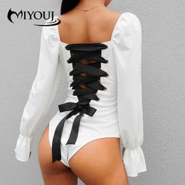 Womens Jumpsuits Rompers MIYOUJ Fashion Women Bodysuit Long Sleeved Shirt Bubble Sleeves Clothes Bodysuits Back Cross Straps Body Black Top Jumpsuit 230214