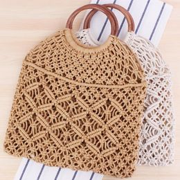 Evening Bags Pure Color Woven Tote Trendy Female Mori Style Straw Degrees Handmade Cotton String Net Pocket Beach Bag