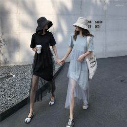 Party Dresses 2023 Spring Korean Style Short Sleeve Cotton Stitching Tulle Women Irregular Patchwork Layer Dress