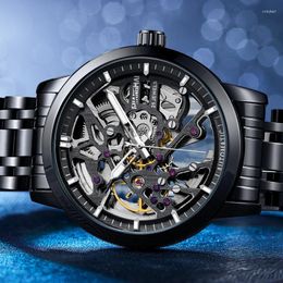 Kol saatleri yüksek kaliteli iskelet erkekler için saat izle otomatik mekanik lüks saatler aydınlık eller siyah gerçek paslanmaz çelik saat