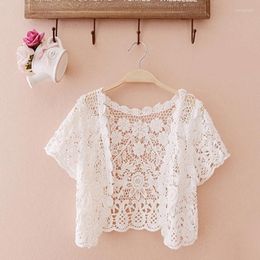 Women's Knits Summer Short Sleeve Cotton Coat Crochet Cardigan Blouse Shirt White Apricot Women Tops Hollow Out Tassel Lace Sexy Femme 80E