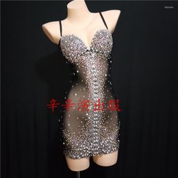 Stage Wear Women Black Party Crystals Transparent Mesh Sexy Dress Outfit Female Modern One Piece Rhinestone Costumes