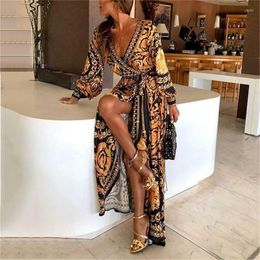 Casual Dresses Bohemian Retro Floral Print Summer For Women Gold Color Long Sleeve V Neck Maxi Dress Beach Holiday Club