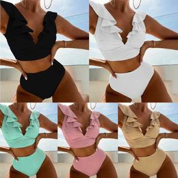 Summer Pass Sexy Womens Swimwear Solid Colour Pleated Lace Double Shoulder Strap