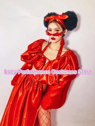 Stage Wear Nightclub Bar Red Patent Leather Slit Skirt Bikini Suit Gogo Performance Clothes Female DJ Partygirl Cloth