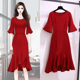 Casual Dresses ELIJOIN Simple Solid Colour Dress Female 2023 Summer Korean Version Of The Fat Sister Slim Temperament Long Fishtail Skirt.